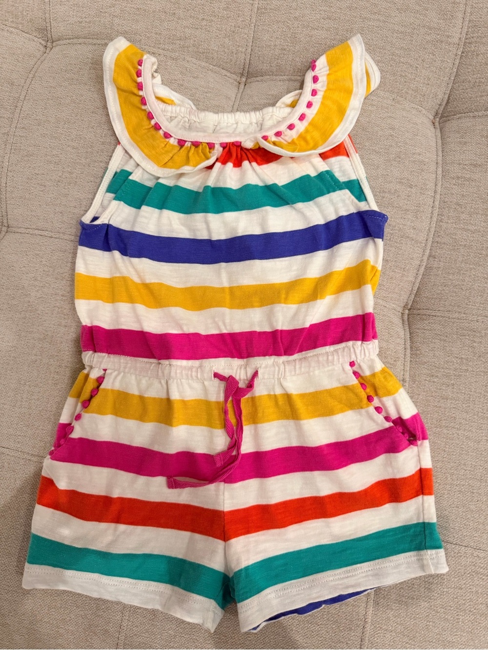 Mini Boden Multicolor Striped Romper in Pink, Yellow, Blue, Teal, Orange